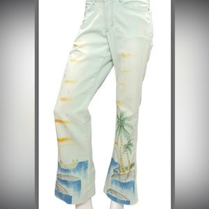 CACHÉ Vintage Flared Jeans with Tropical Beach Graphic